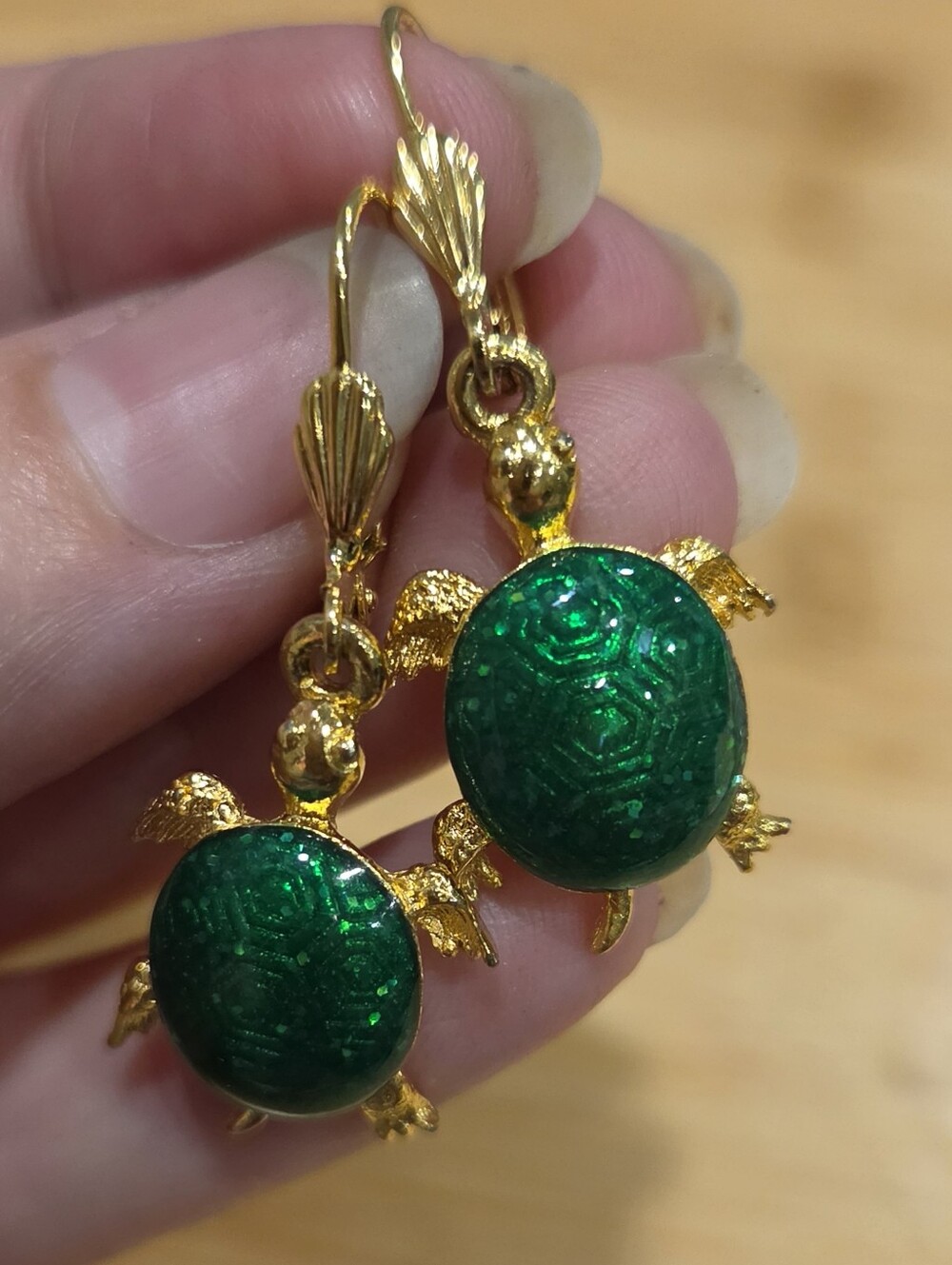 Emerald Green And Gold-Tone SparklyTurtle Drop Earrings